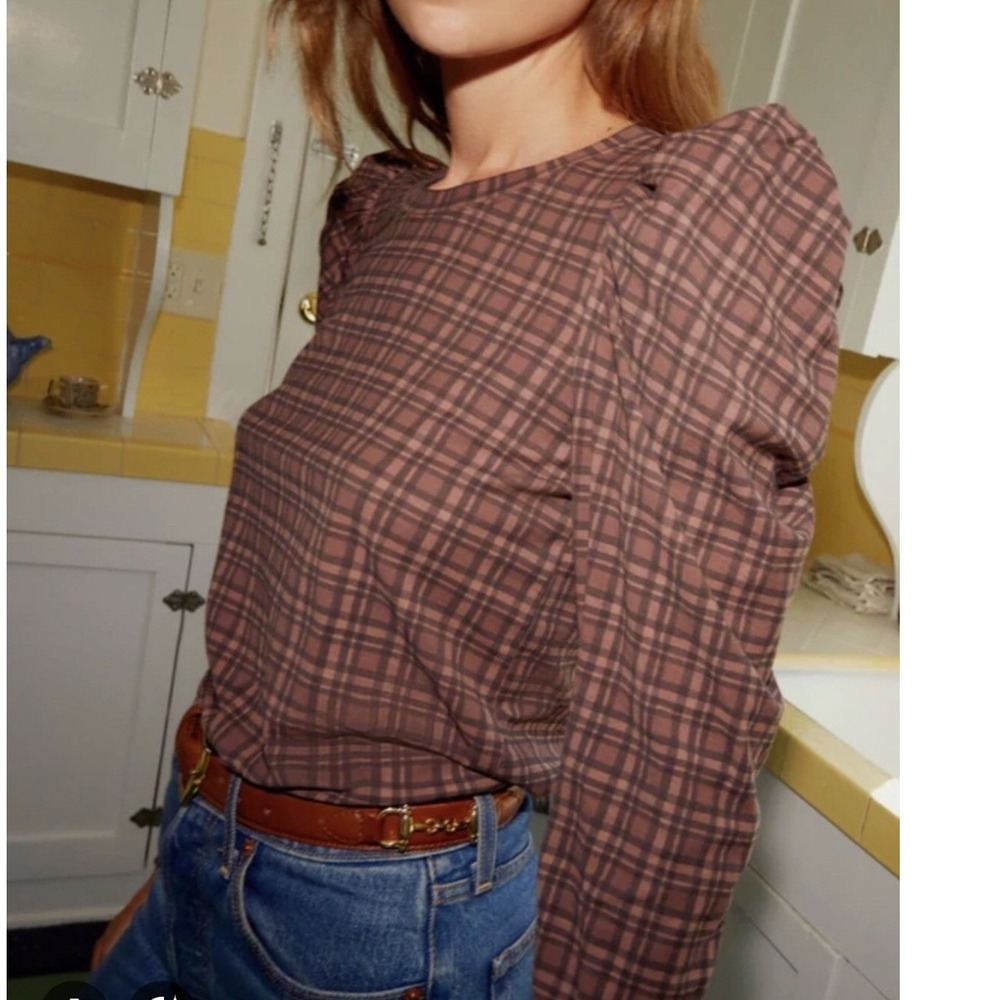 Nation LTD Women's Romy Long Sleeve Tartan Plaid Puff Shoulder Top Brown- XS